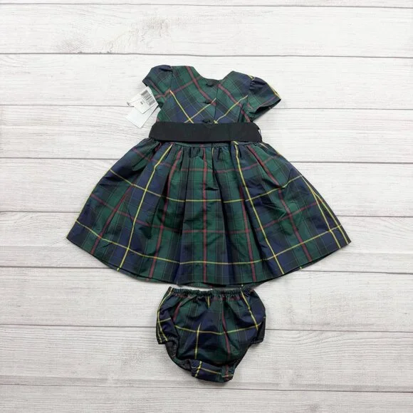 Ralph Lauren Girls Tartan Plaid Dress Set Puff Sleeve Bloomers NWT 6-9 Months - Picture 3 of 3
